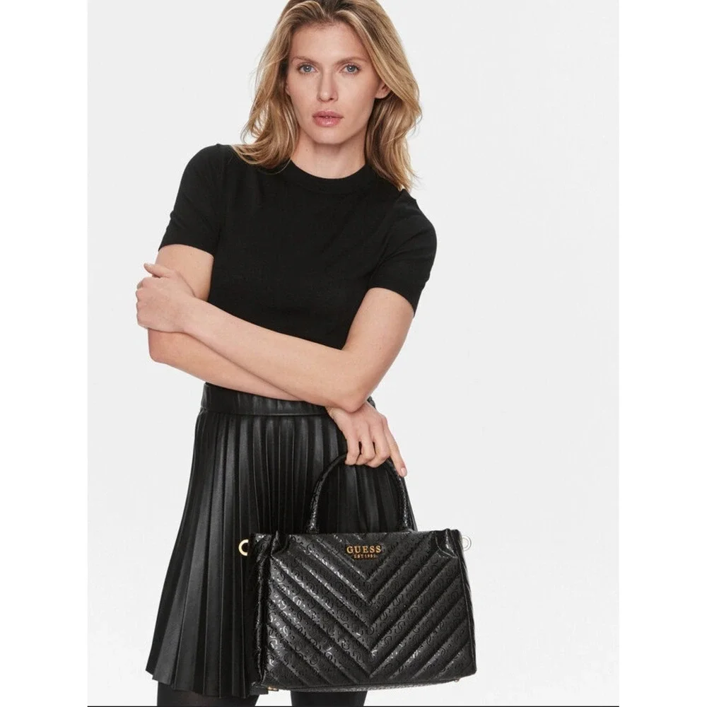Guess Jania Society Quilted‎ Medium Satchel Crossbody Black Logo Embossed NEW